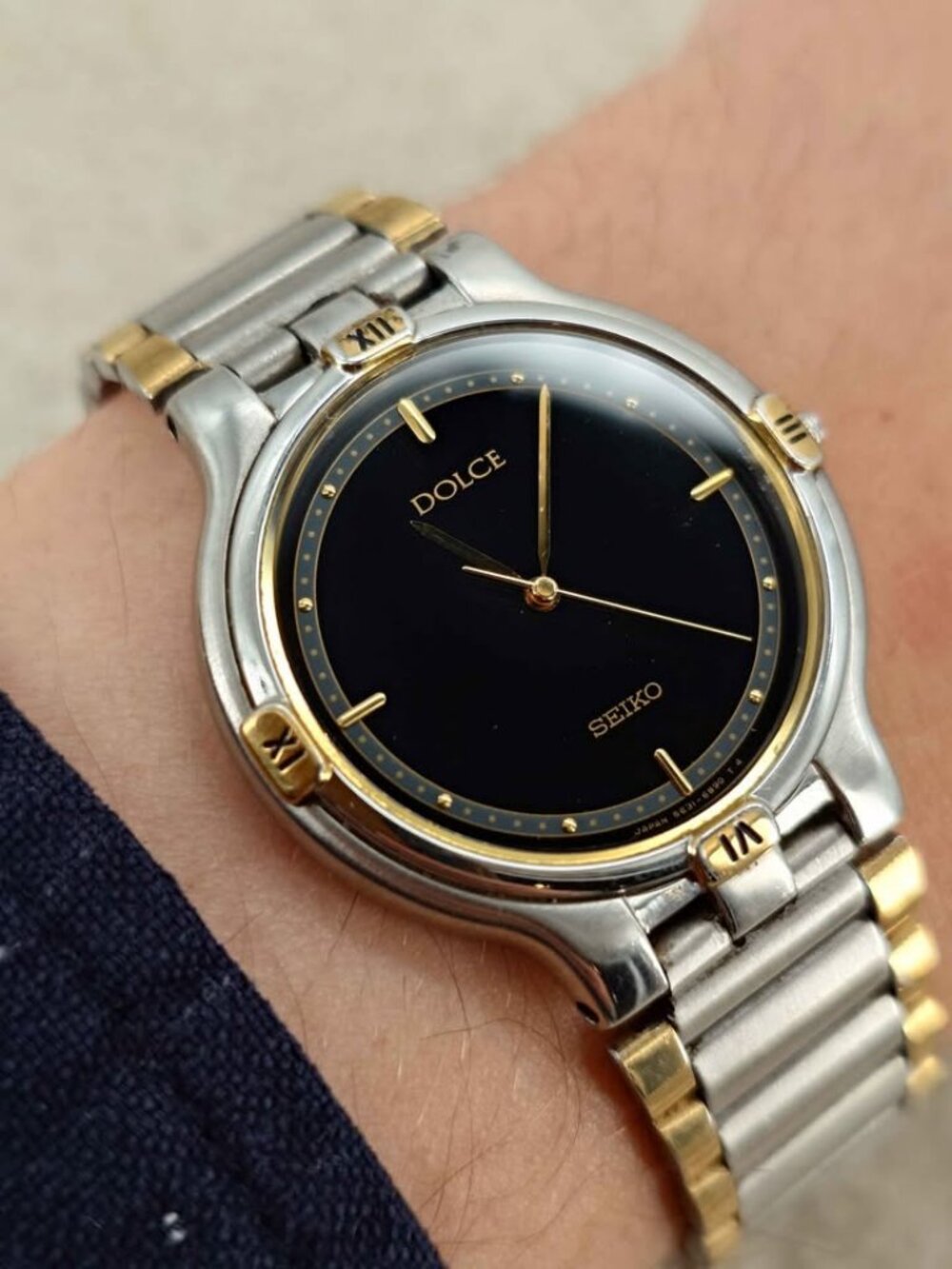 Seiko Dolce Men's Quartz Watch 5E31-6C00 32mm Two Tone Black Dial JDM Vintage